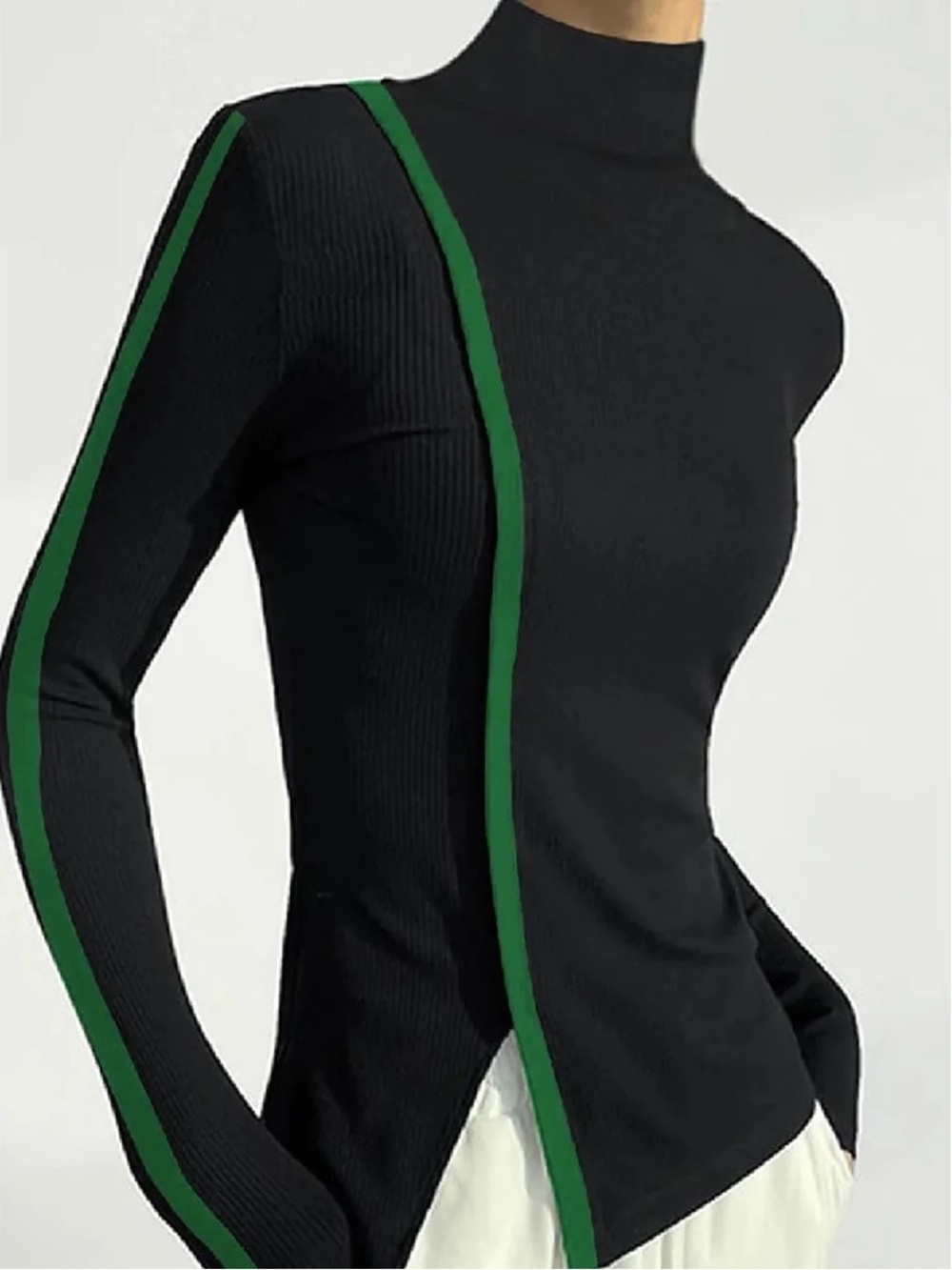Black Long Sleeve Top with Green Stripe Split-Side High-Neck Ribbed Shirt